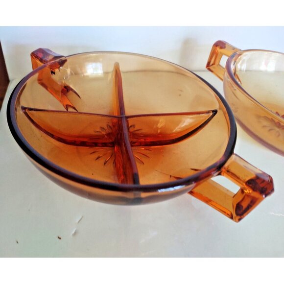 Vintage Amber Depression Glass Candy, Nut, Condiment Bowl set with End Handles - Picture 3 of 15